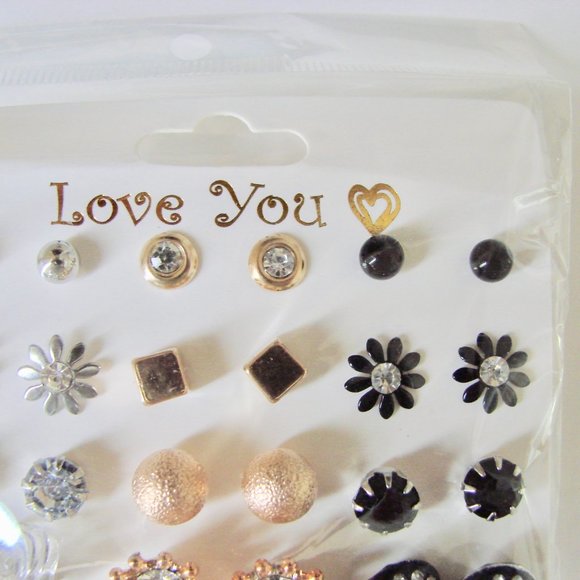 Stud Earrings 12 Black Silver Gold Tone Rhinestone Flower Earrings Brand NEW NWT - Picture 3 of 5